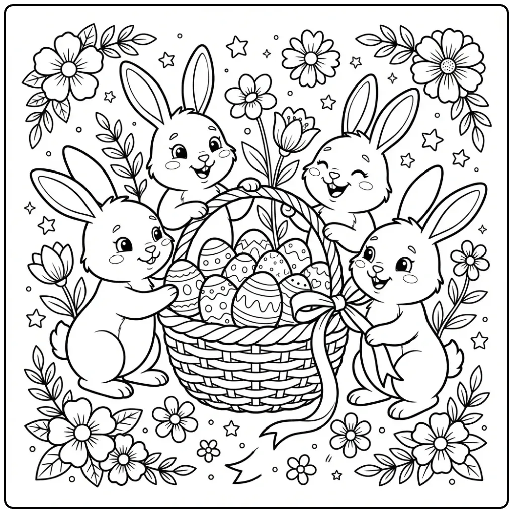Easter Bunny with eggs coloring page with four bunnies by a basket