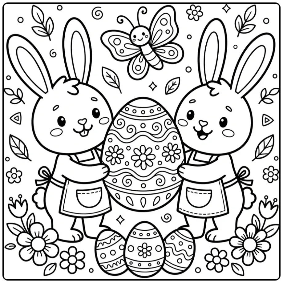 Easter Bunny with eggs coloring page carrying a giant egg