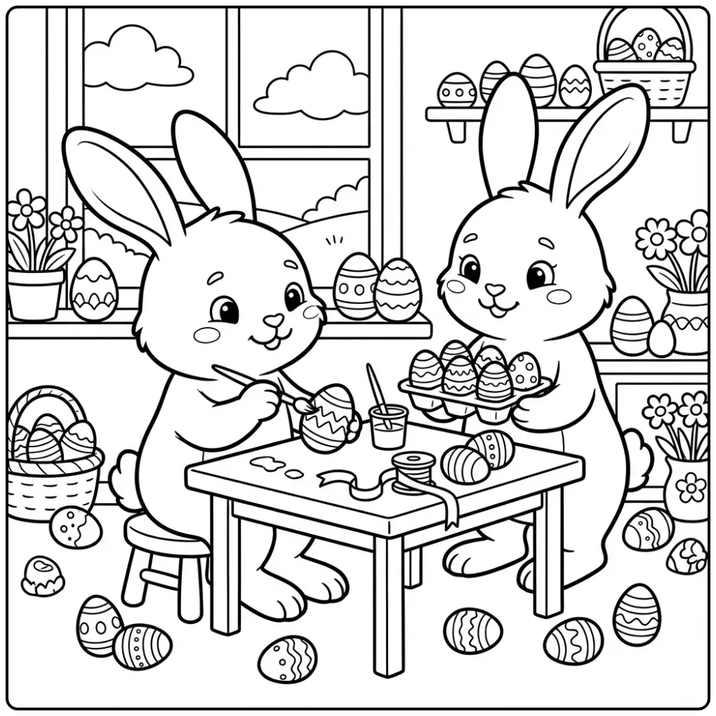 Easter Bunny with eggs coloring page at a craft table