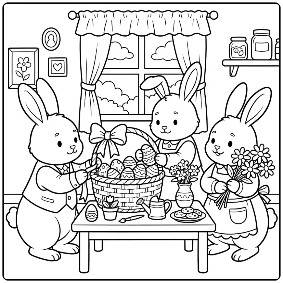 Easter Bunny with basket coloring page with flowers