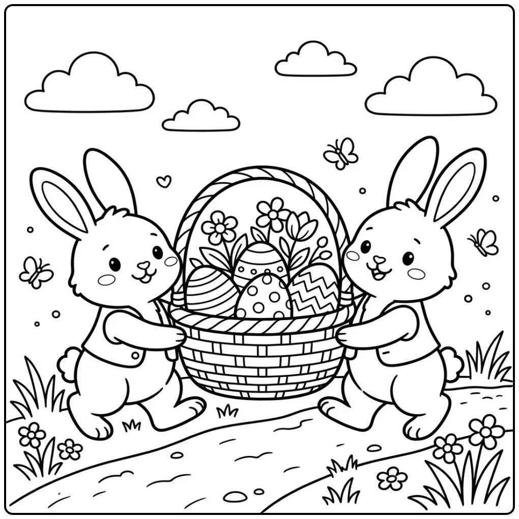Easter Bunny with basket coloring page carried by two bunnies