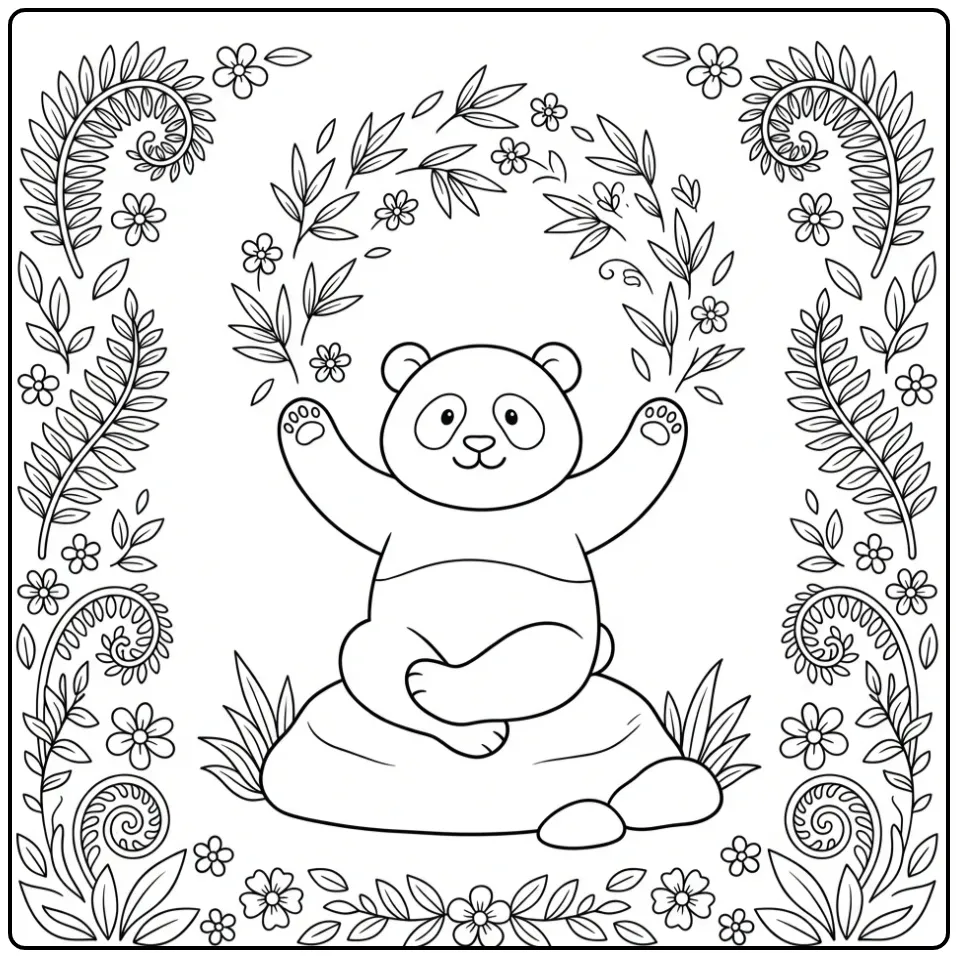 Panda coloring page on a rock with leaf confetti