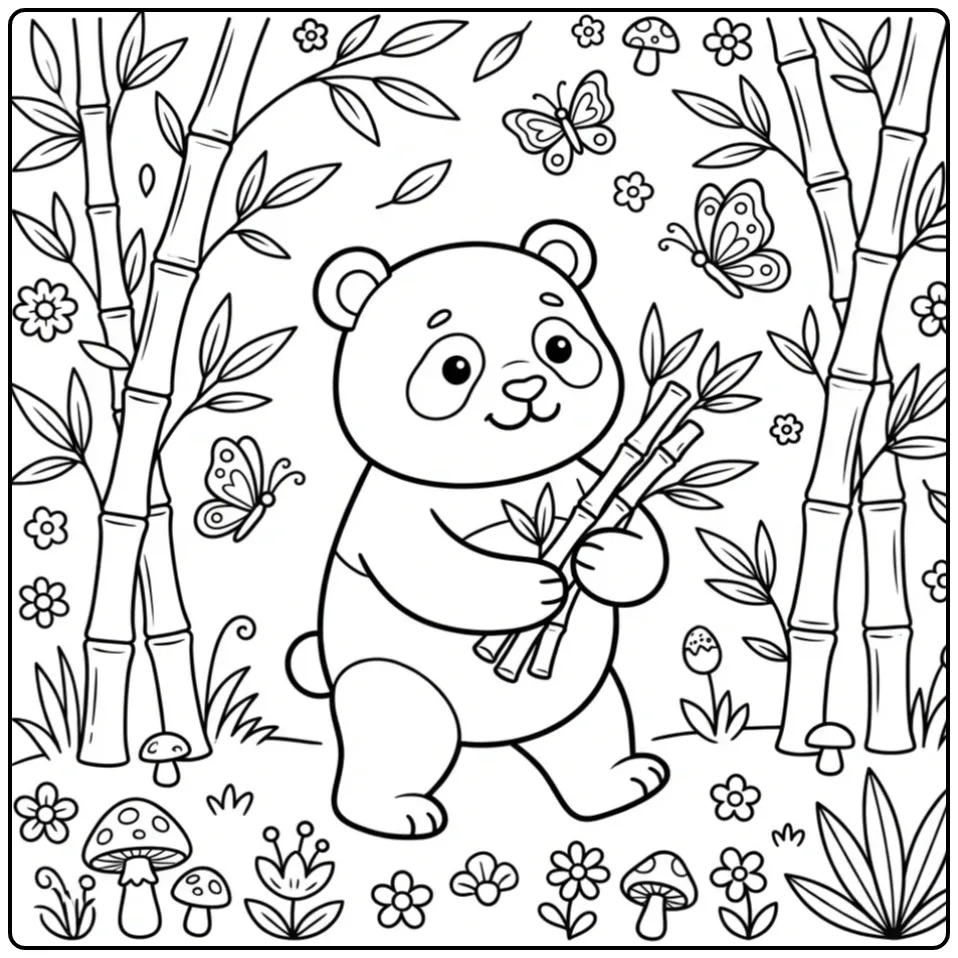 Panda coloring page walking with bamboo in the forest