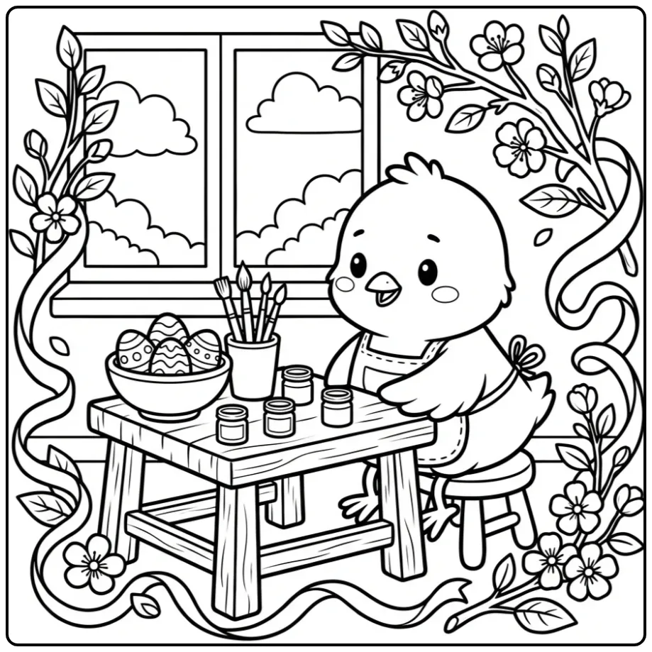 Easter chick coloring page painting eggs at a table