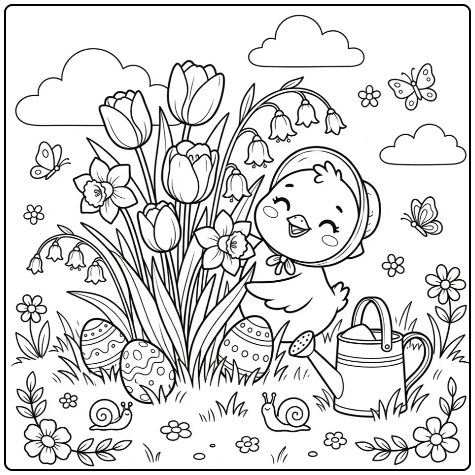 Easter chick coloring page searching for eggs in spring