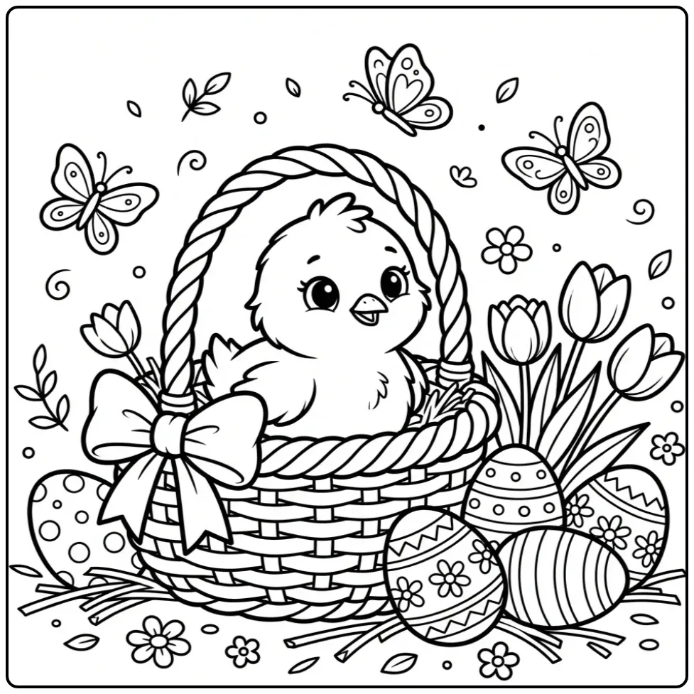 Easter chick coloring page in a basket with eggs