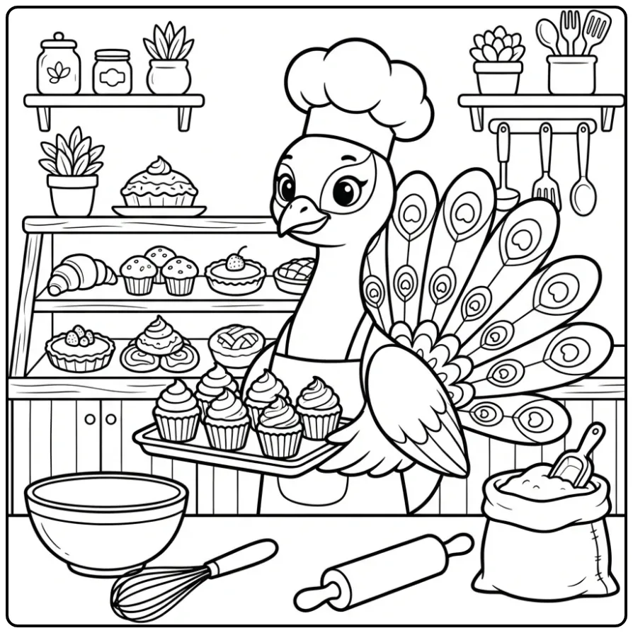Peacock coloring page as a baker with cupcakes