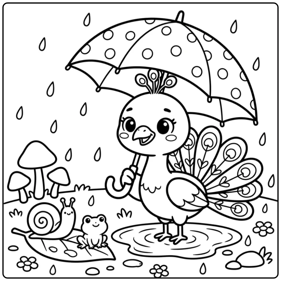 Peacock coloring page with an umbrella in the rain