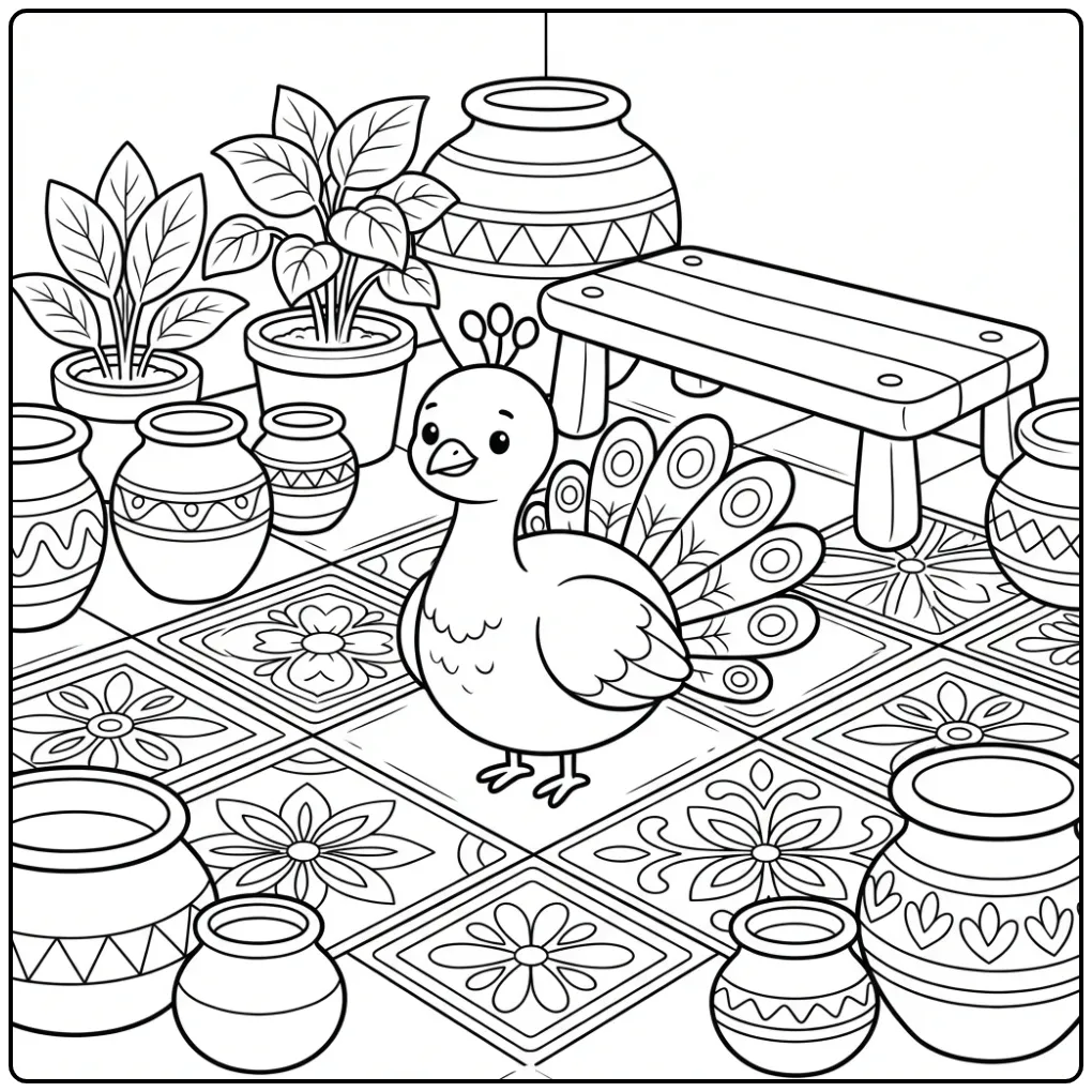 Peacock coloring page in a garden with pots