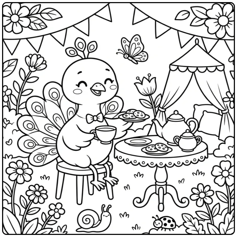 Peacock coloring page with a bow tie at a tea table