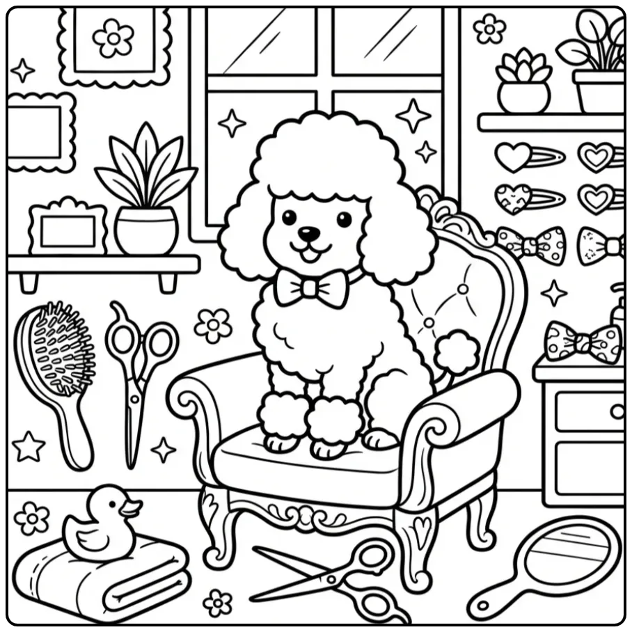 Cheerful Poodle in a Grooming Salon coloring page