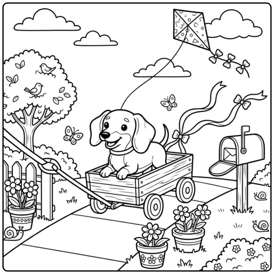 Cheerful Dachshund Puppy in a Wagon coloring page