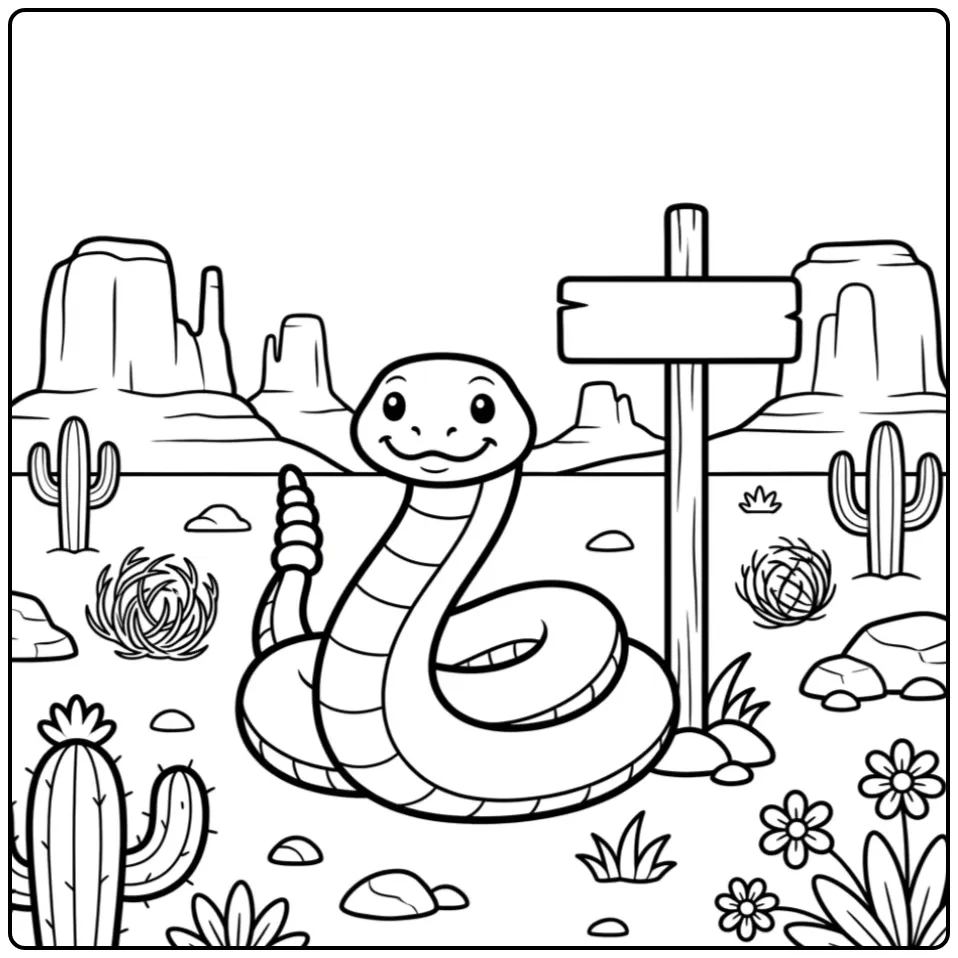 Rattlesnake coloring page featuring a rattlesnake beside a desert sign