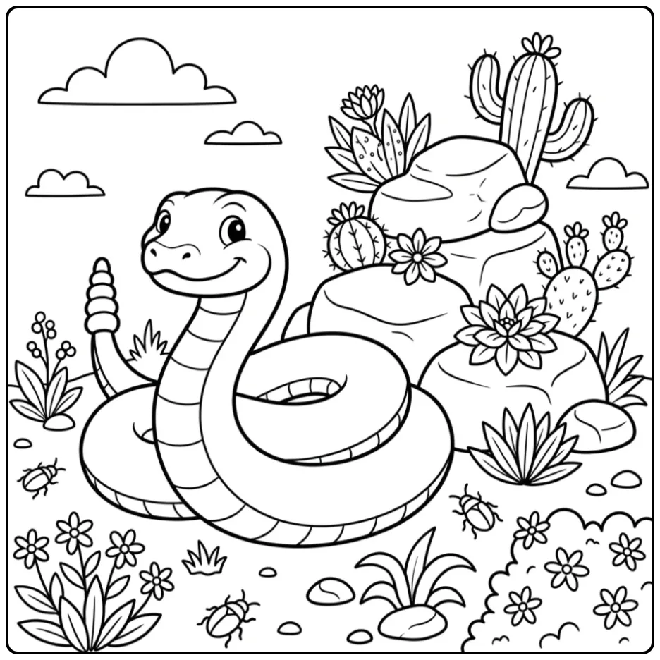 Rattlesnake coloring page featuring a snake on desert rocks