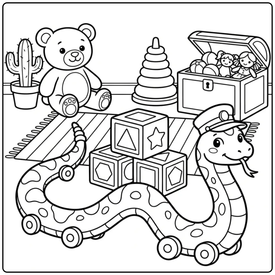 Rattlesnake coloring page as a train between toy blocks