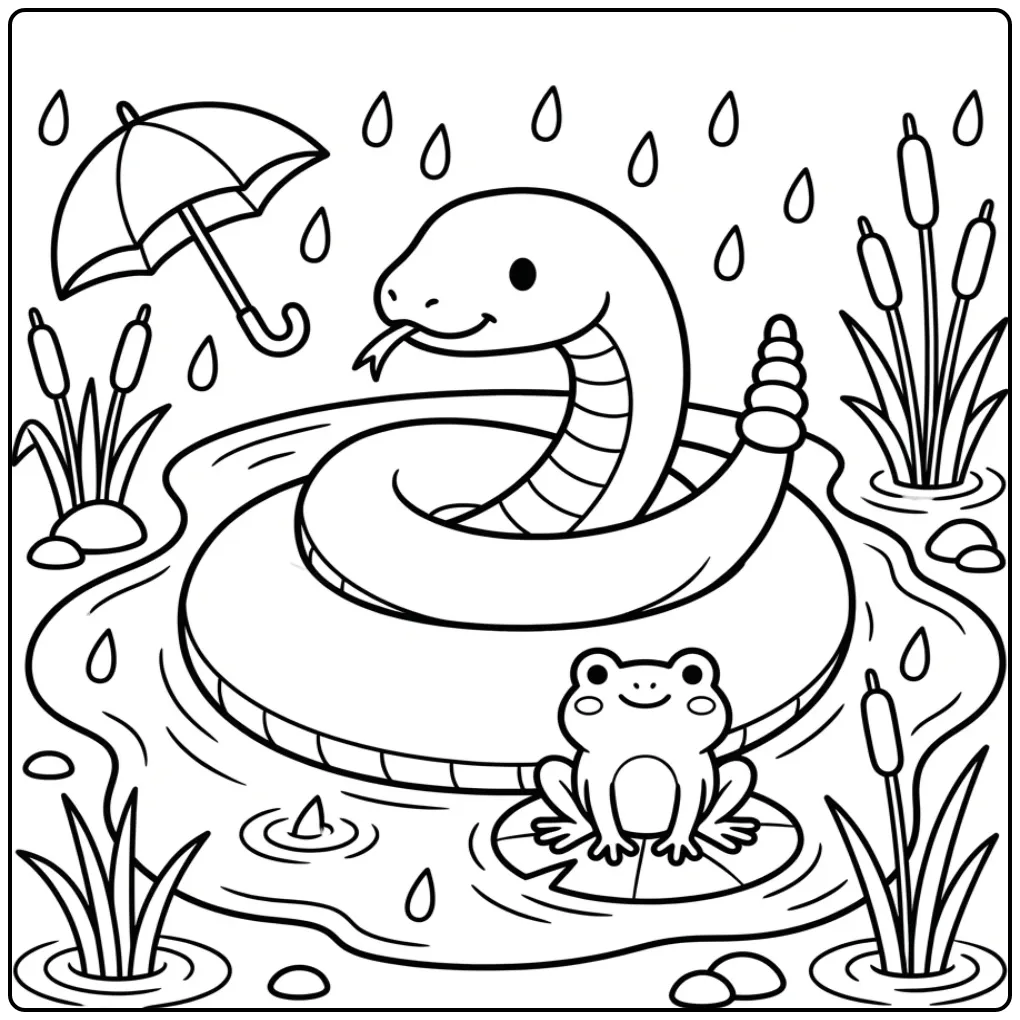 Rattlesnake coloring page in a rain puddle with a frog