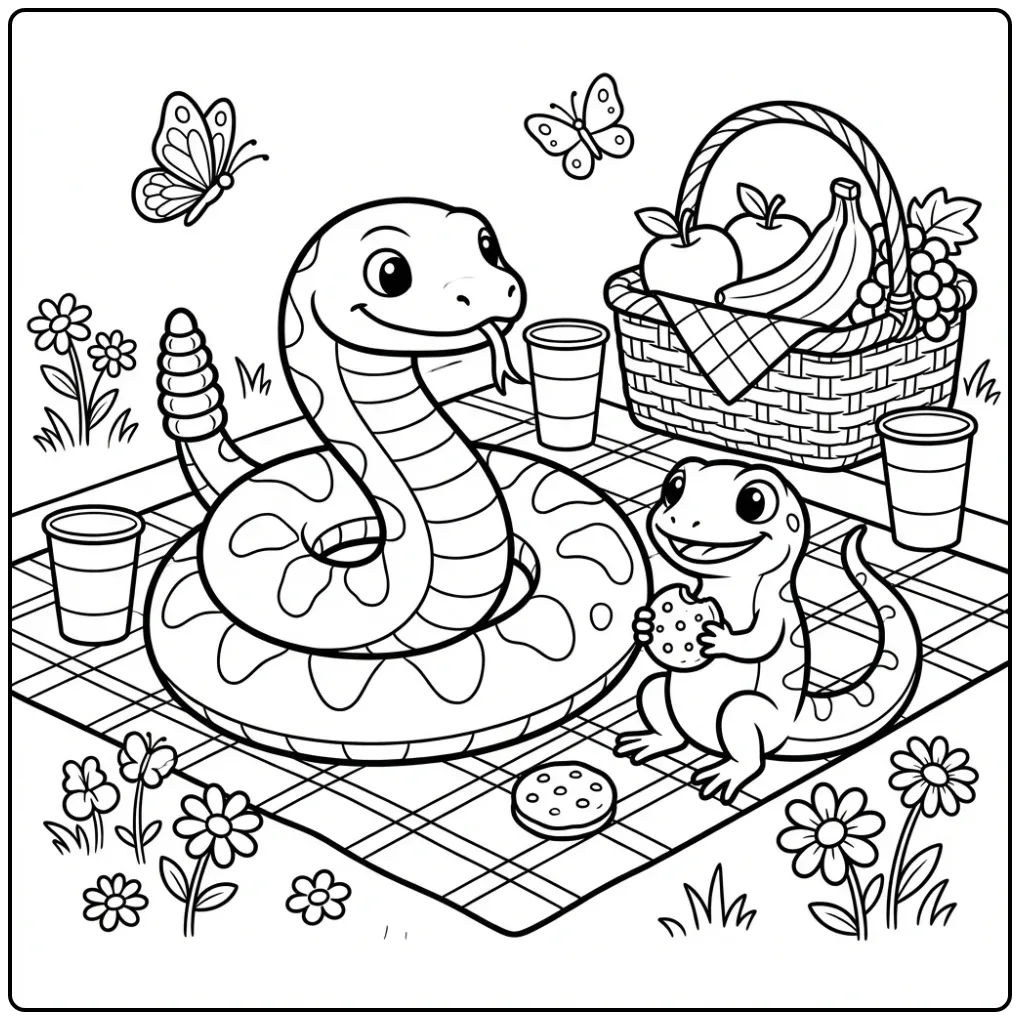 Rattlesnake coloring page curled like a donut with a lizard