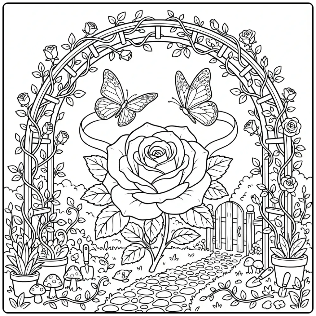 Rose and butterfly coloring page with a garden fence
