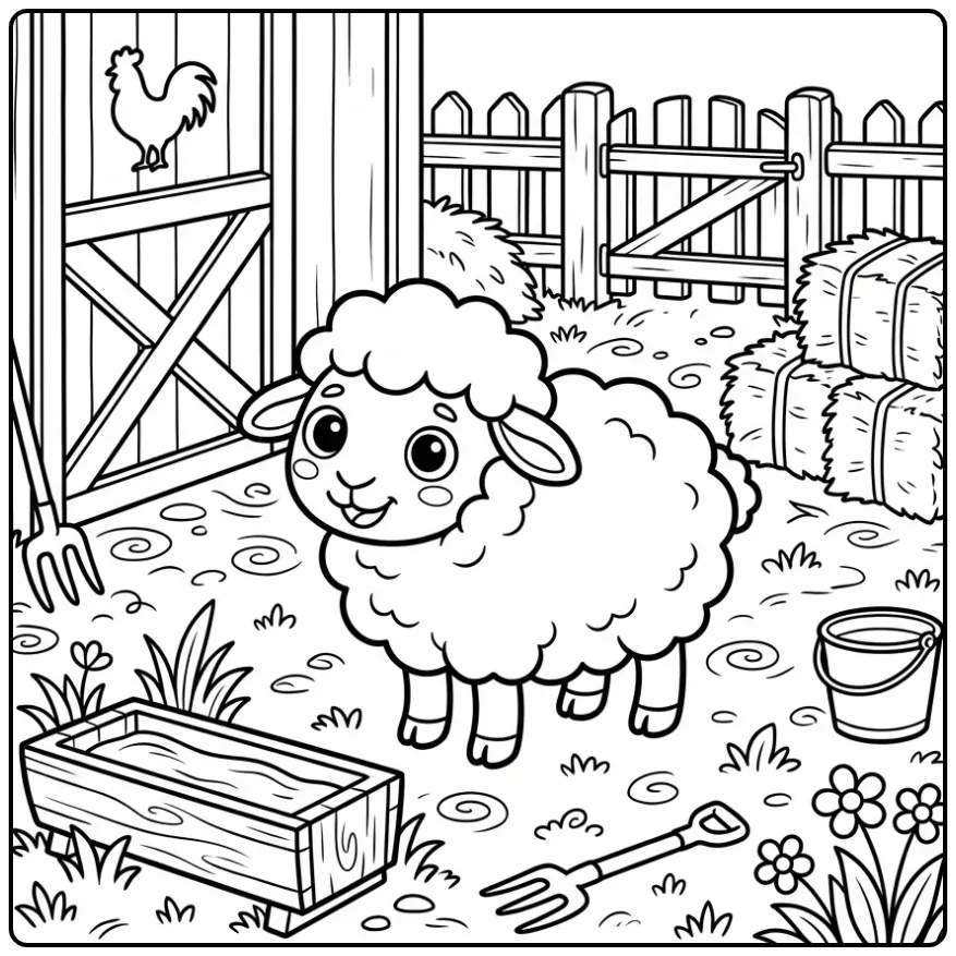Sheep coloring page on a farm with hay and a fence