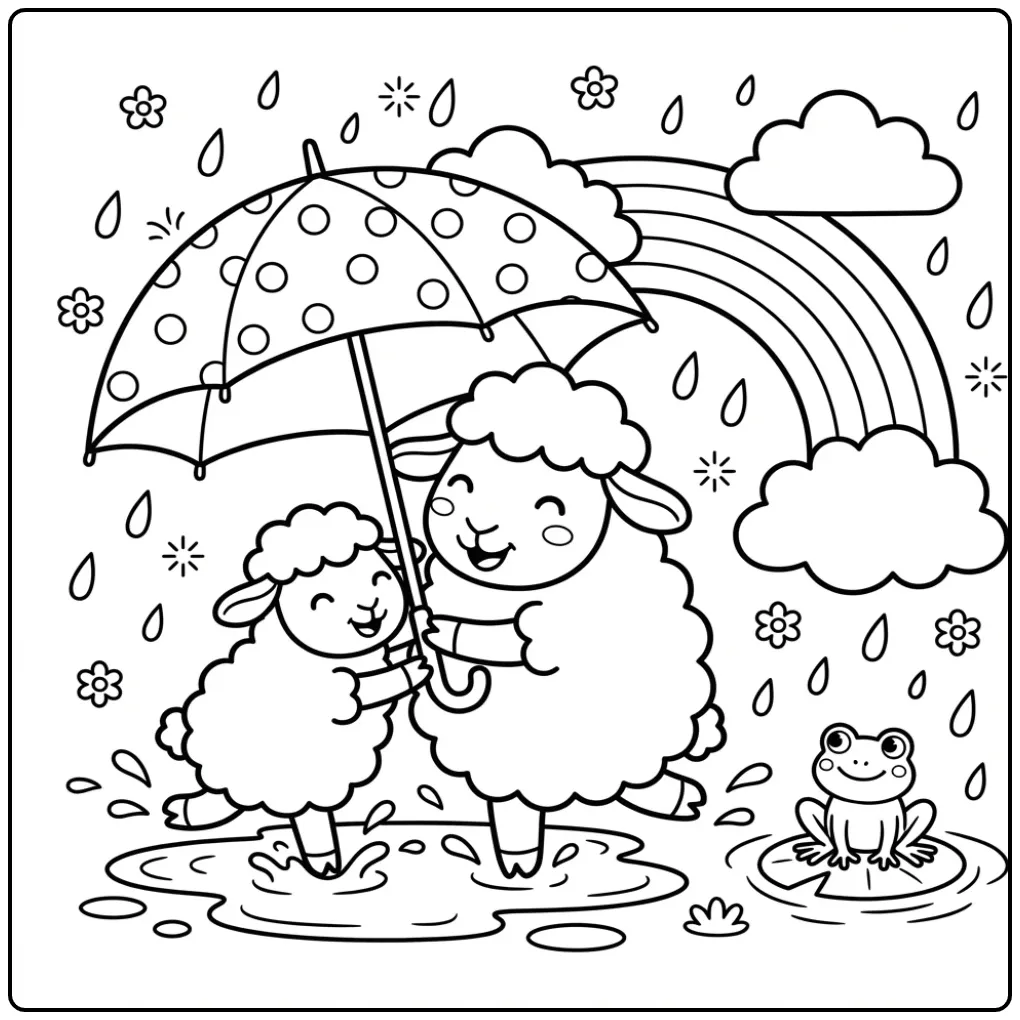 Sheep and lamb coloring page under an umbrella in the rain