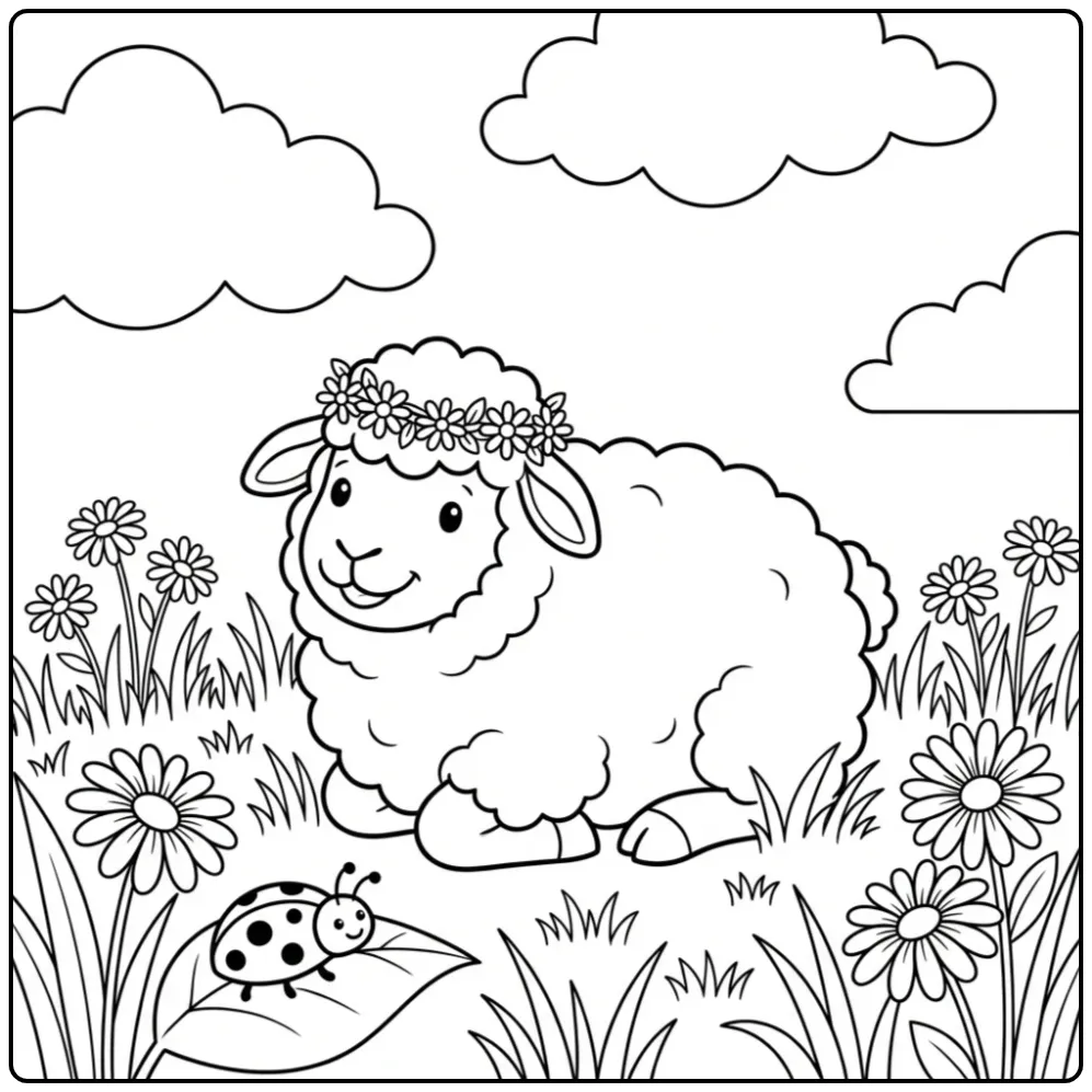 Sheep coloring page with a flower crown in a meadow