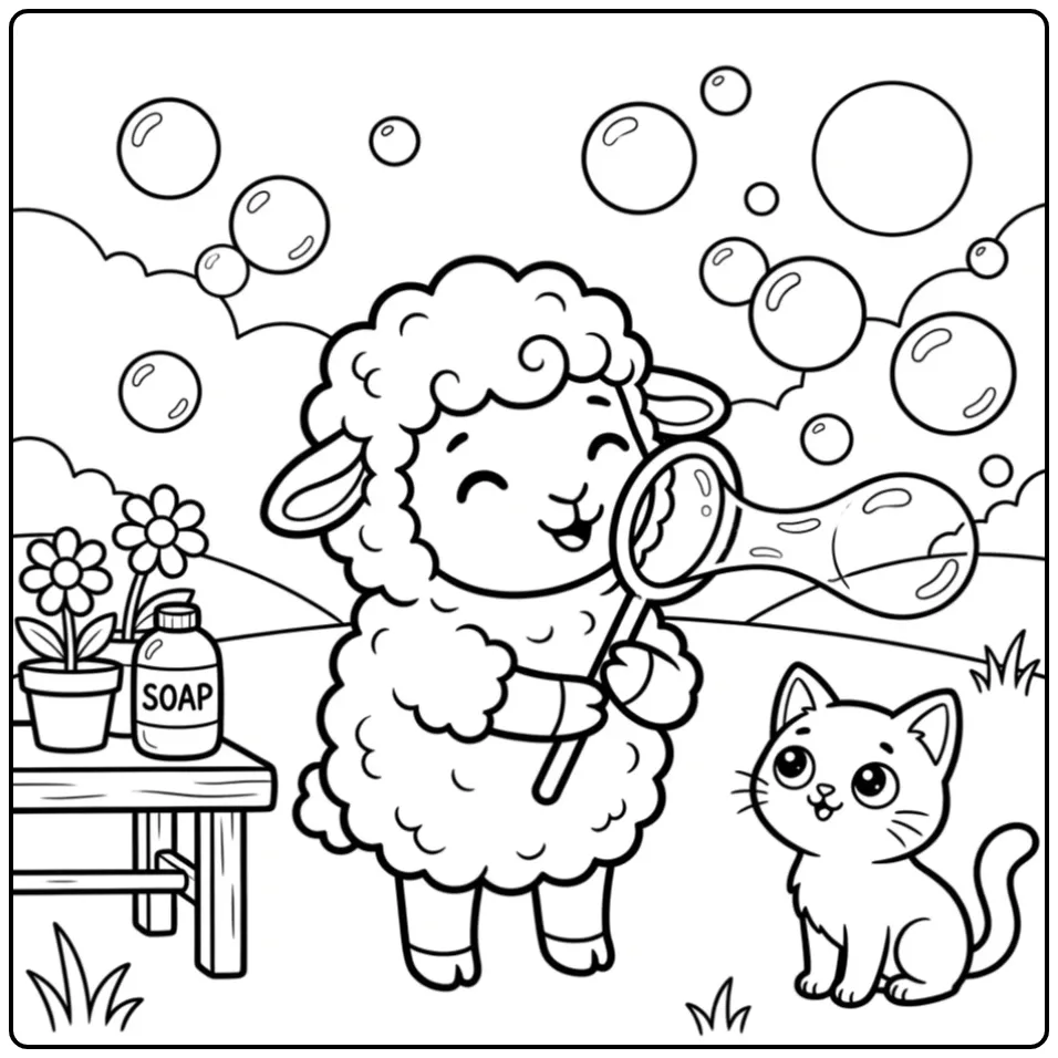 Toddler sheep coloring page blowing bubbles with a kitten
