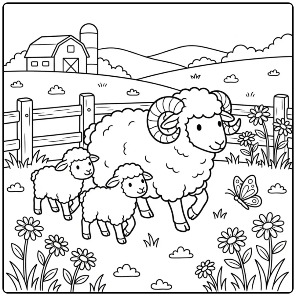 Sheep with lambs coloring page in a meadow