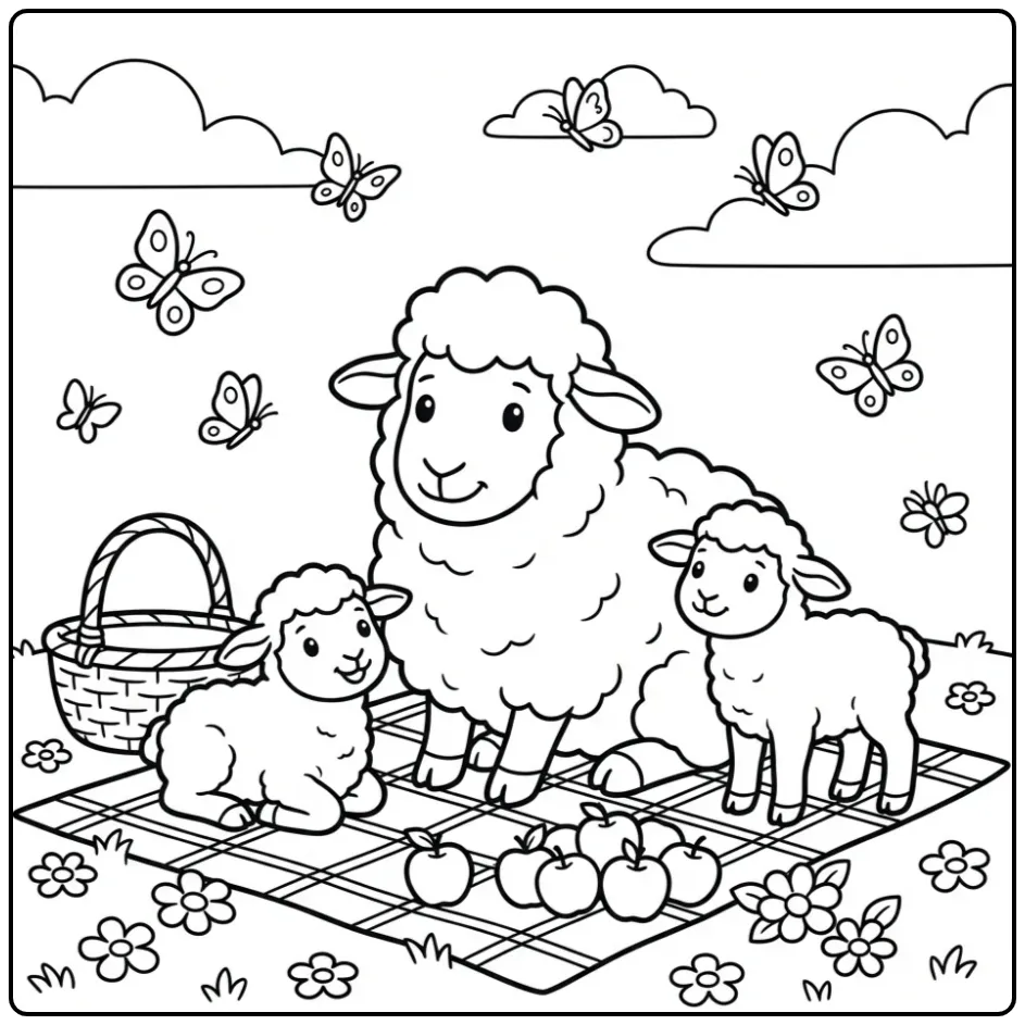 Sheep with lambs coloring page during a picnic