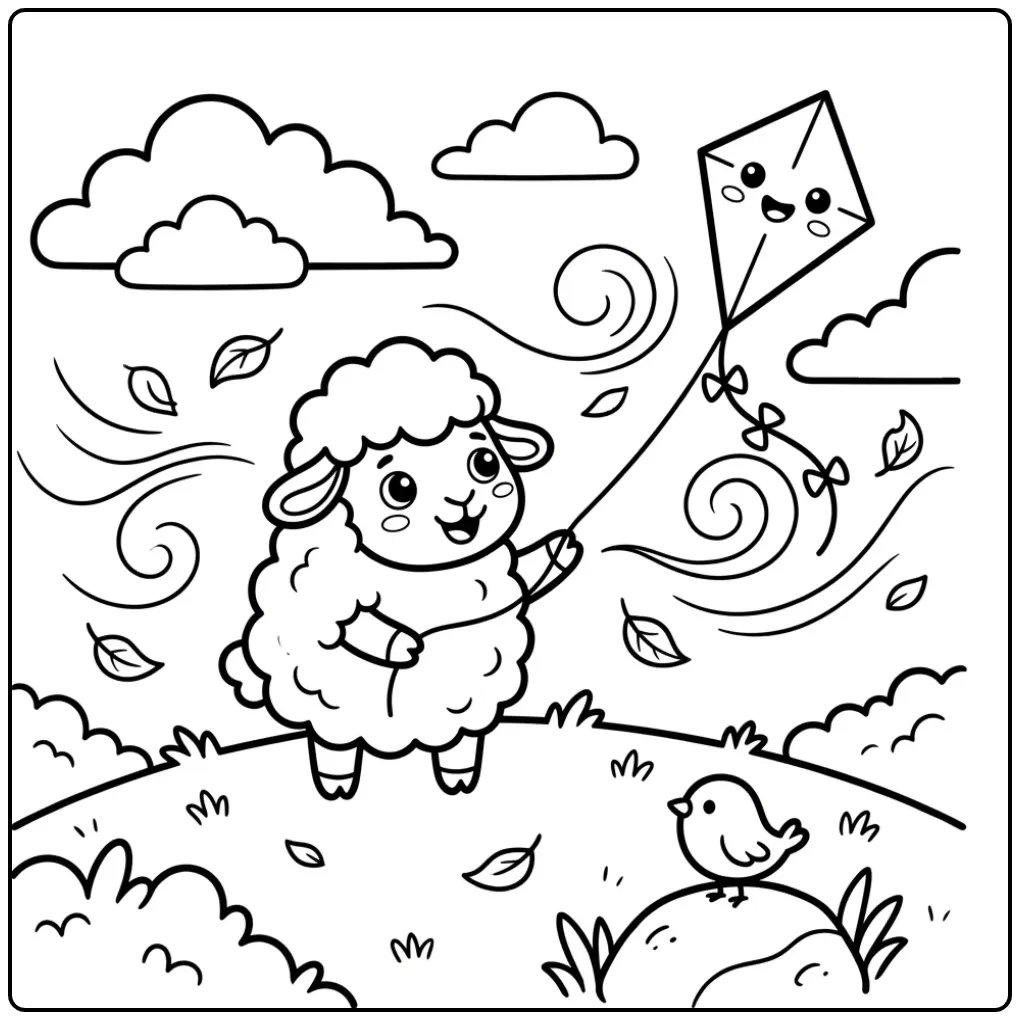 Sheep coloring page flying a kite on a hill