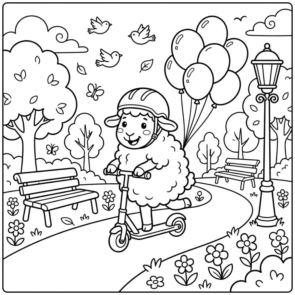 Sheep coloring page riding a scooter with a helmet
