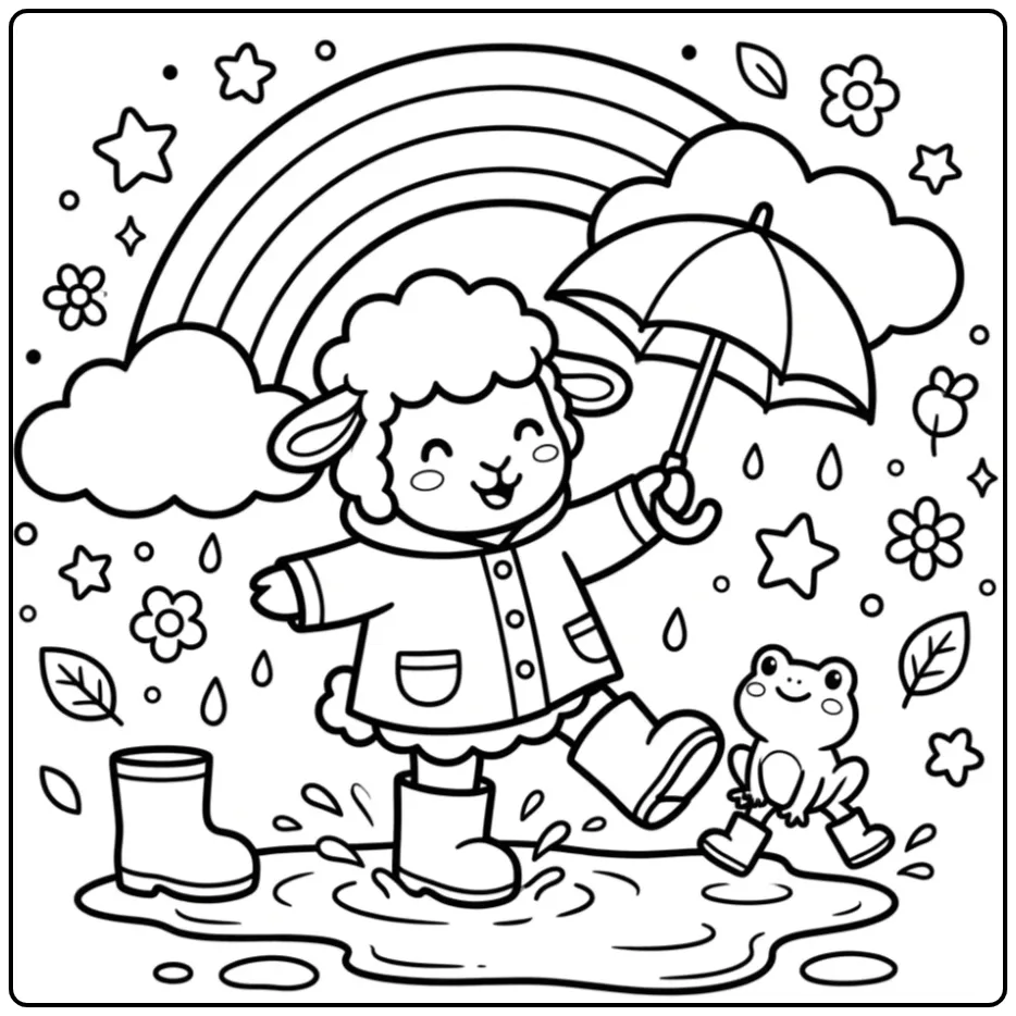 Toddler sheep coloring page with an umbrella and rain boots