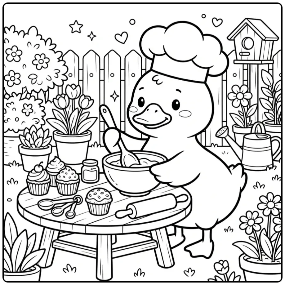 Cute baby duck coloring page with a chef hat and mixing bowl