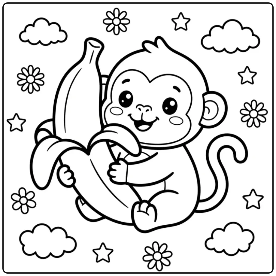 Cute monkey coloring page hugging a heart-shaped banana