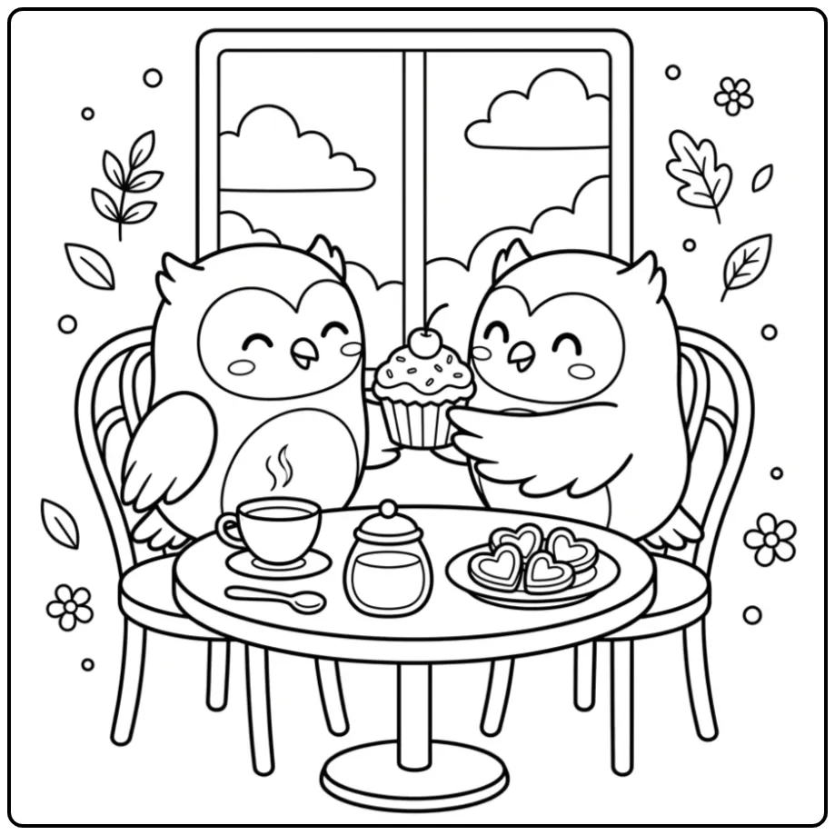Cute little owls coloring page sharing a cupcake