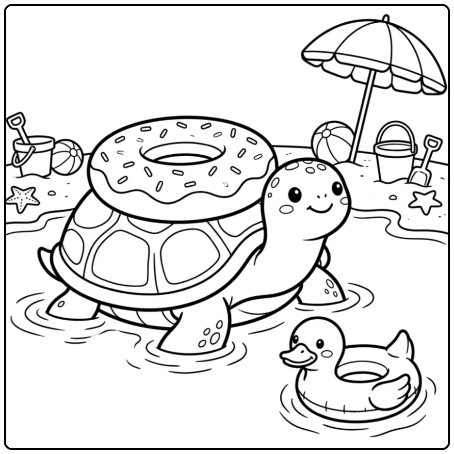 Turtle coloring page floating in water with a swim ring