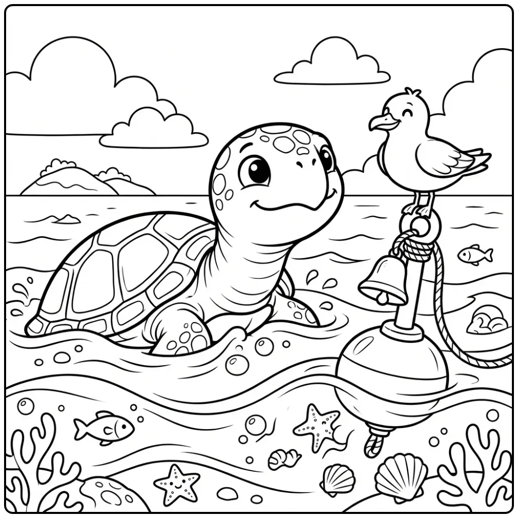 Turtle coloring page with its head above water and a seagull