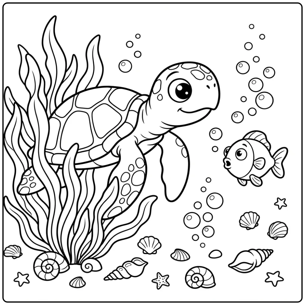 Turtle coloring page among seaweed and fish