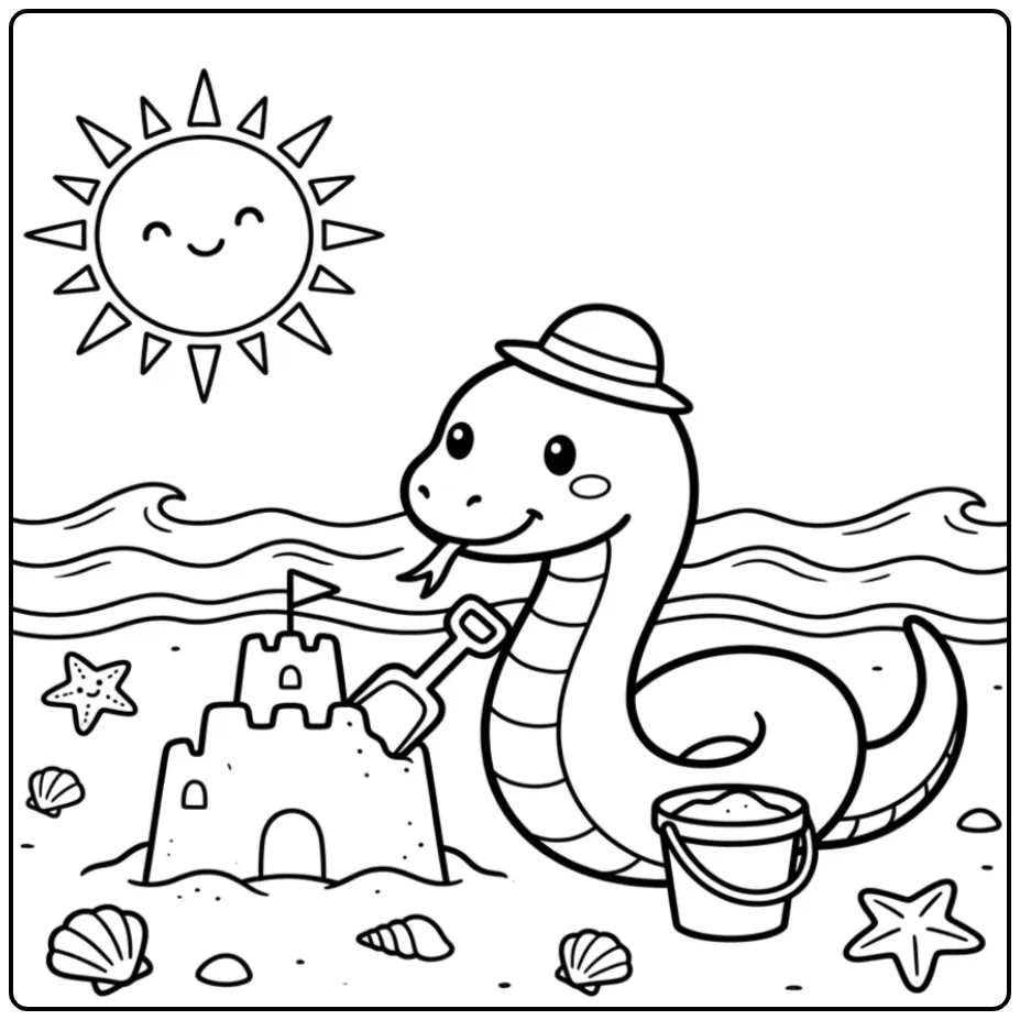 Snake coloring page showing a snake building a sandcastle at the beach