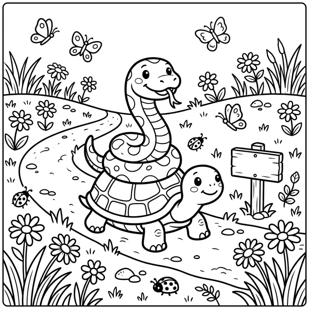 Snake coloring page showing a snake riding on a turtle in a meadow