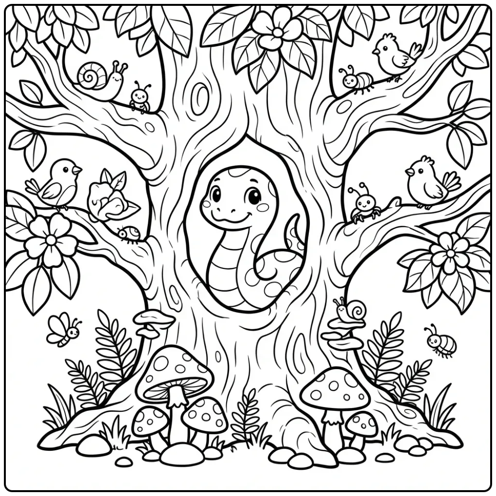 Snake in a tree coloring page featuring a snake in a hollow trunk