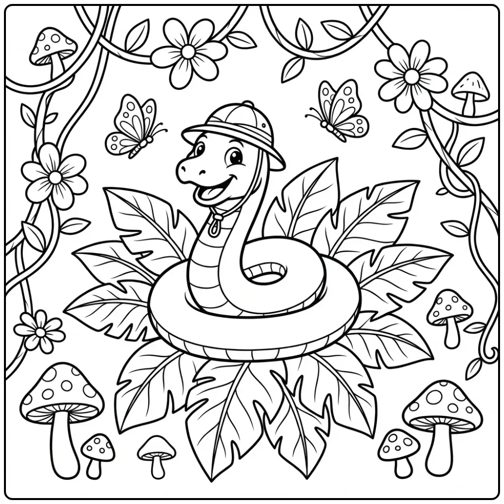 Snake coloring page showing a jungle snake with a hat