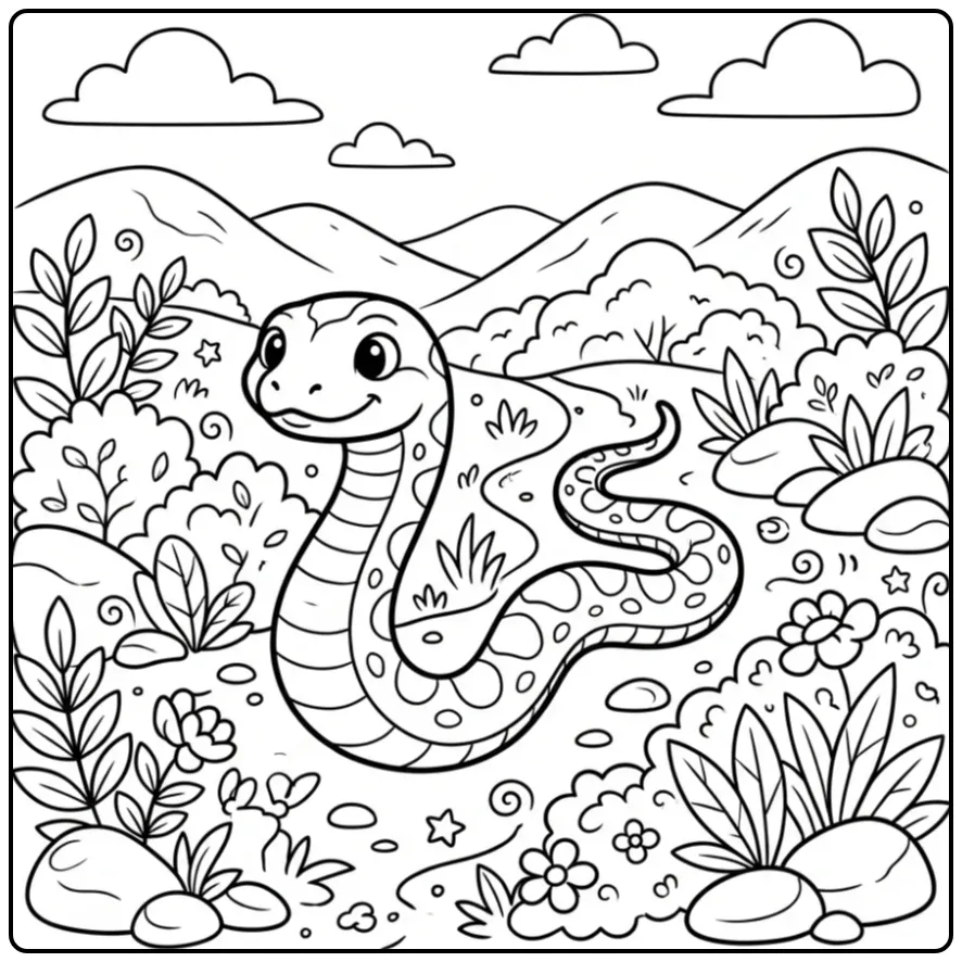 Snake coloring page showing a snake moving through natural shrubs