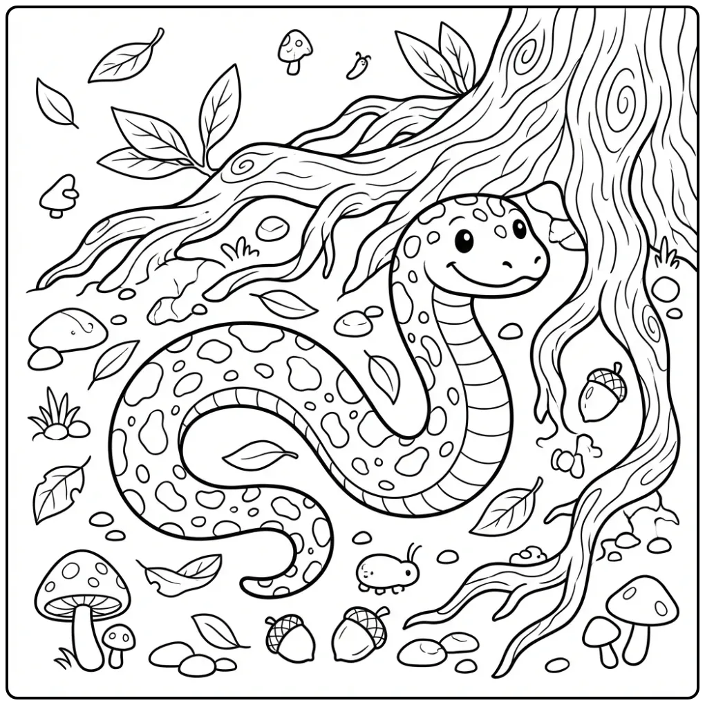 Snake coloring page showing a leopard snake near tree roots