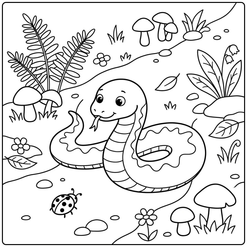 Snake coloring page featuring a snake in the forest with mushrooms