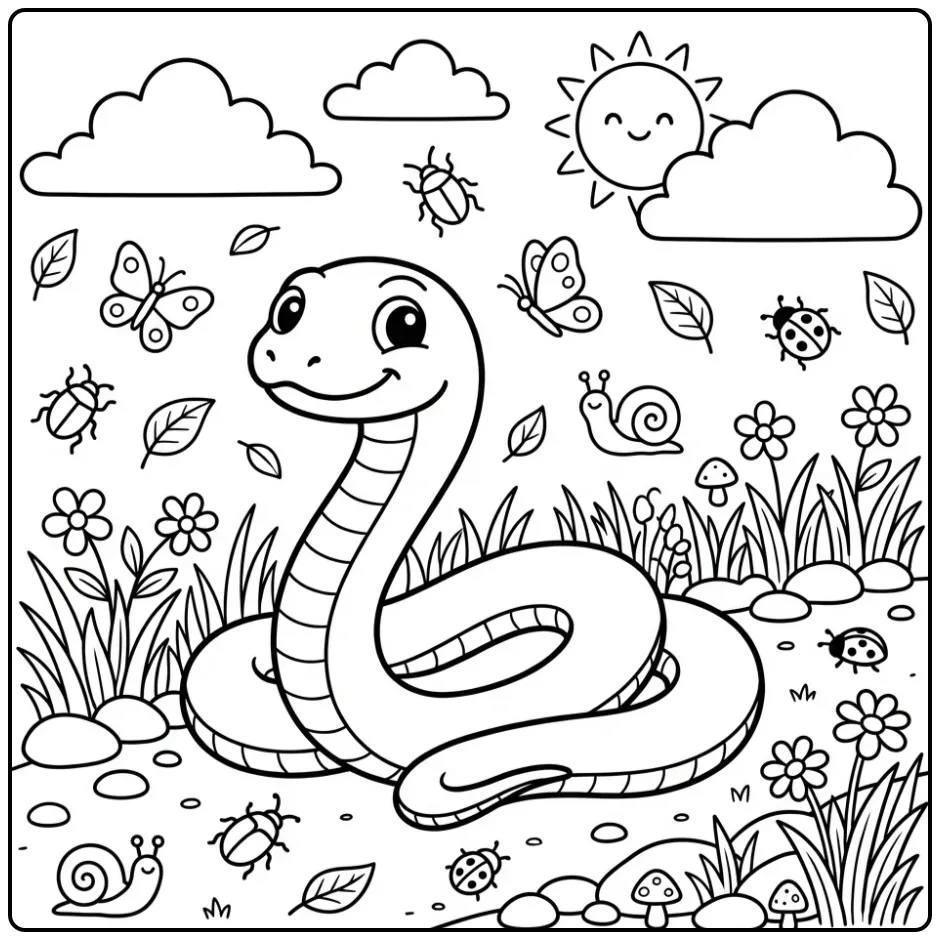Snake coloring page featuring a snake near a country road