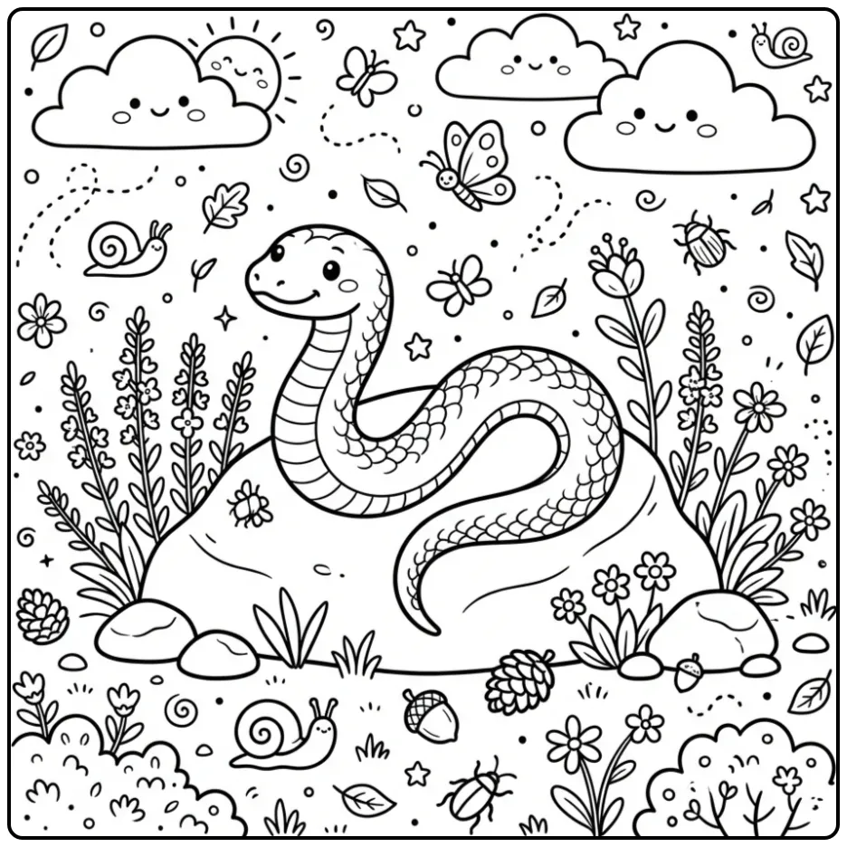 Snake coloring page featuring a snake resting on a warm rock