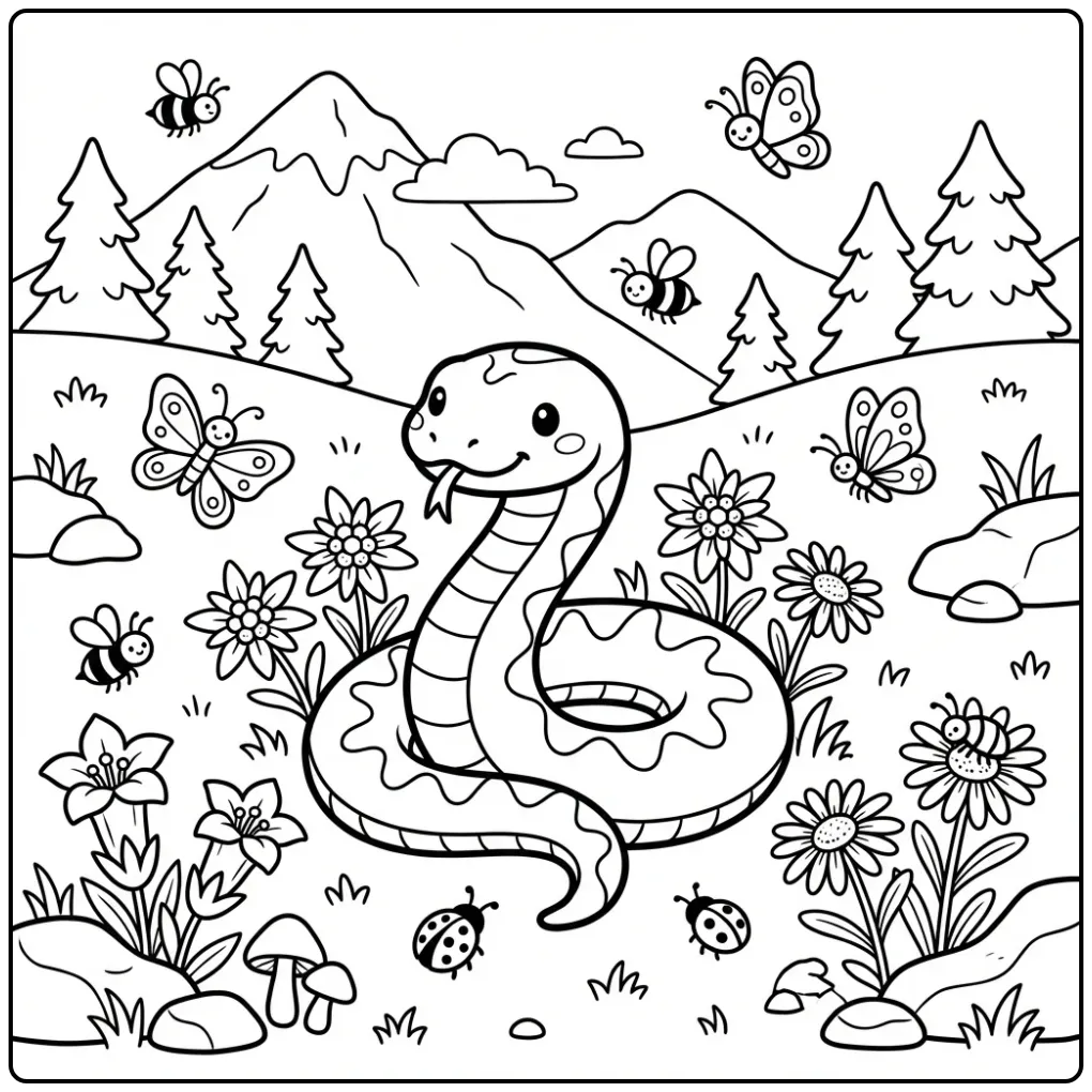 Snake coloring page showing an adder in the mountains