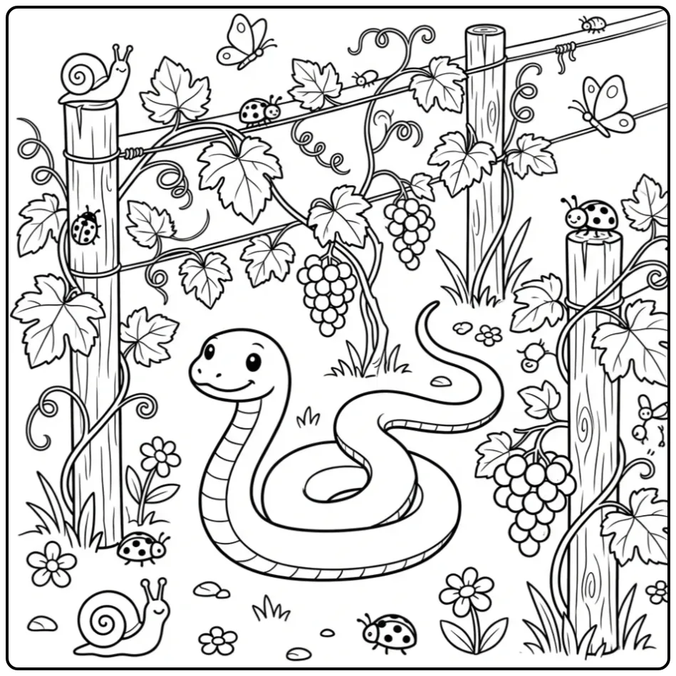 Snake coloring page showing a snake in a vineyard