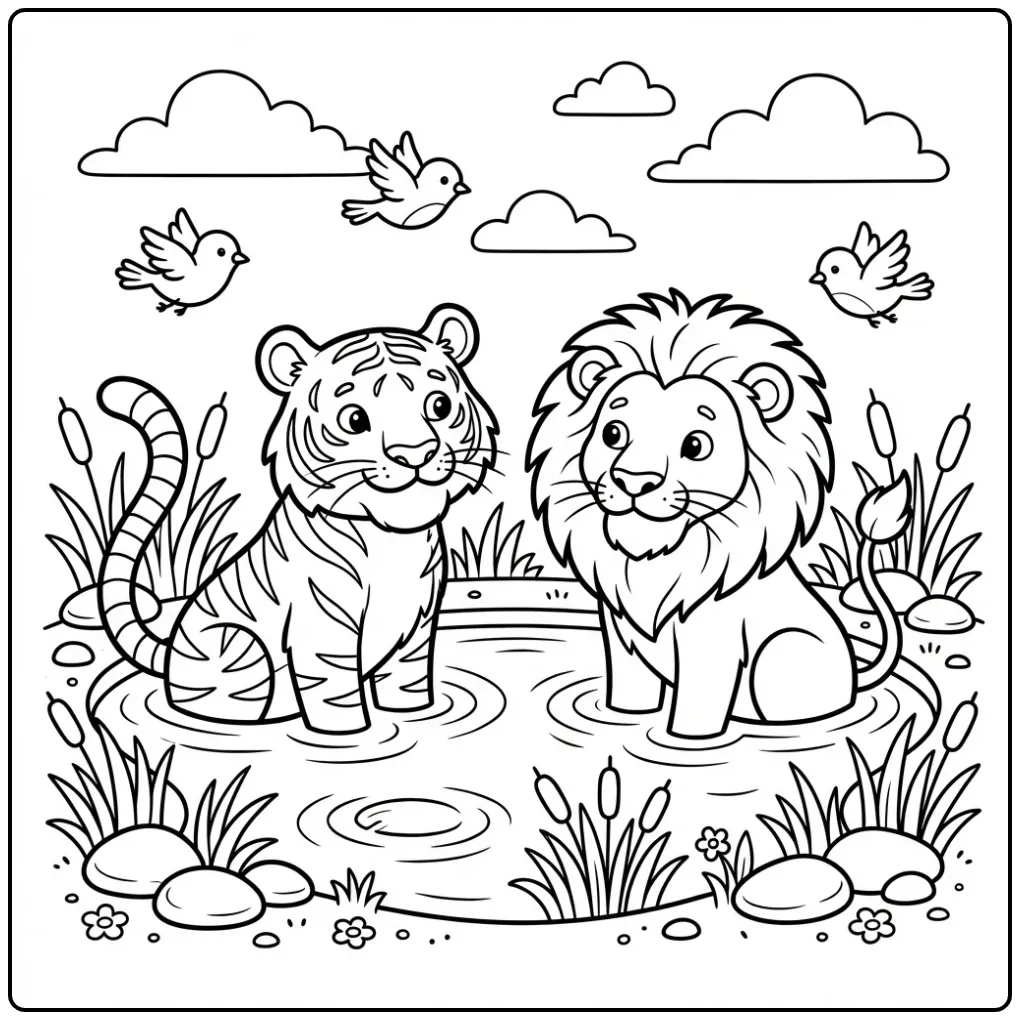 Tiger and lion coloring page by a watering place