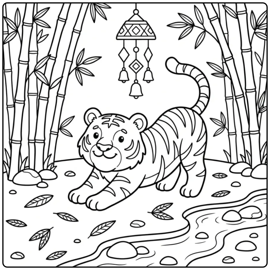 Tiger coloring page resting among bamboo